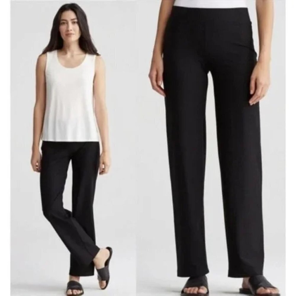 Eileen Fisher Pants Pull‎ On Crepe Black Stretch Straight Relaxed Leg Minimal